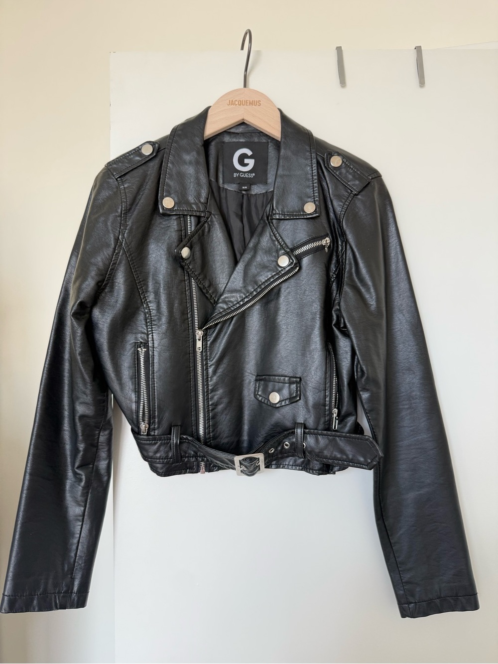 GUESS Black Leather Moto Jacket with Belt